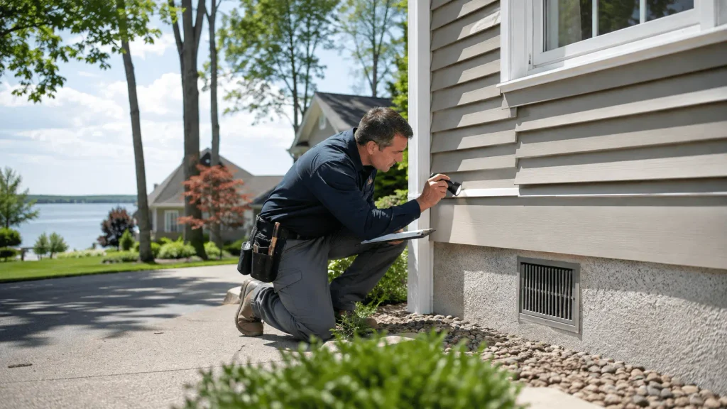 Technician inspecting the exterior of a Sutton Ontario home for pest entry points