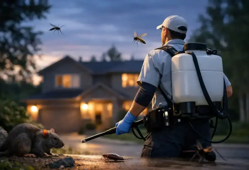 Pest control technician spraying pests near a house in Ontario at dusk.
