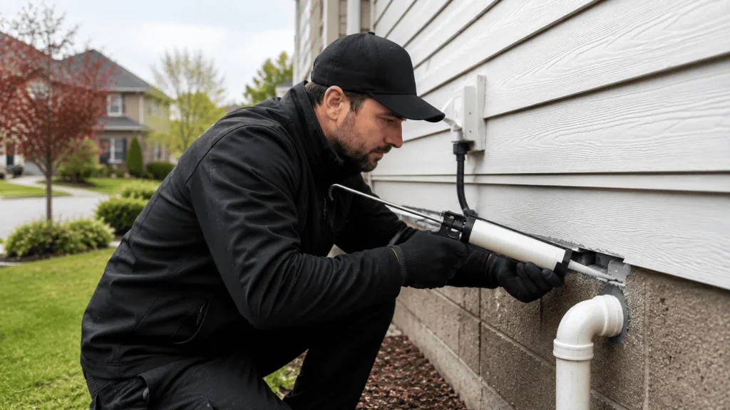 Pest control technician sealing an entry point on a home in Bolton Ontario