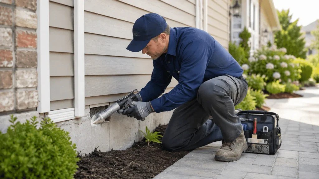 Technician sealing an exterior entry point to prevent rodent entry
