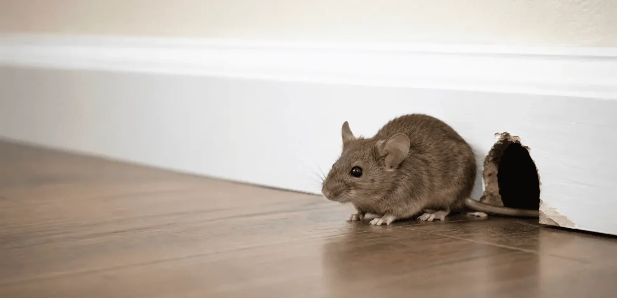 Mouse near a small hole in a wall inside a home