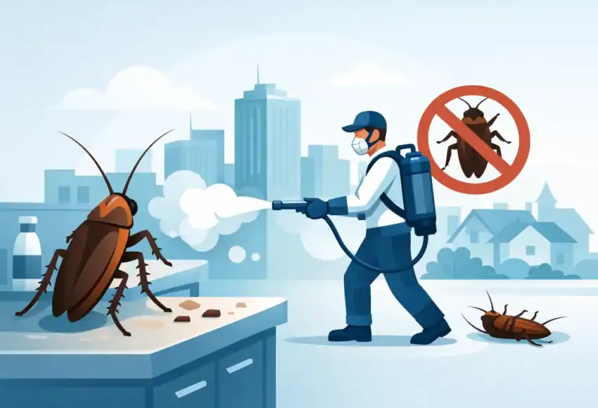 Pest control technician exterminating cockroaches in Ontario.