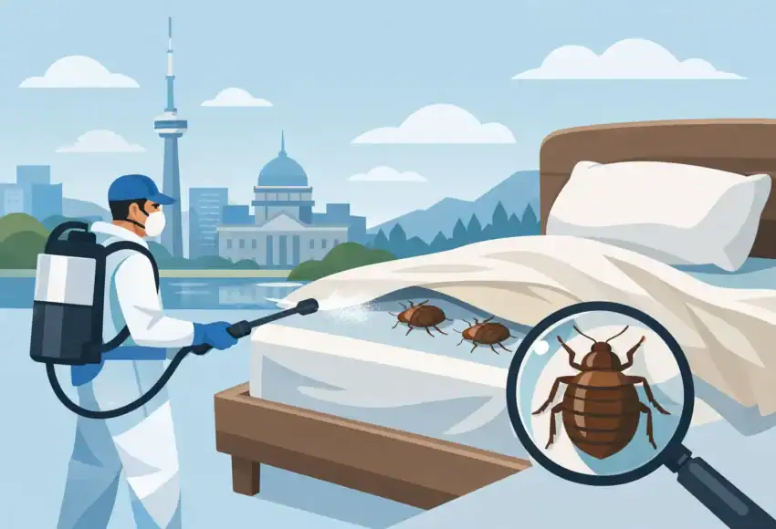 Professional pest control technician spraying bed bugs in Ontario.