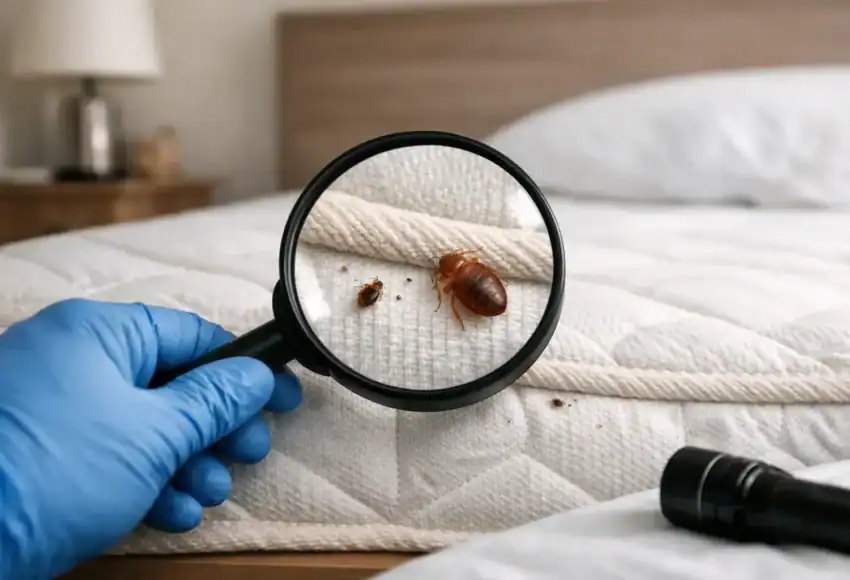 Magnifying glass showing bed bug and eggs on mattress fabric.