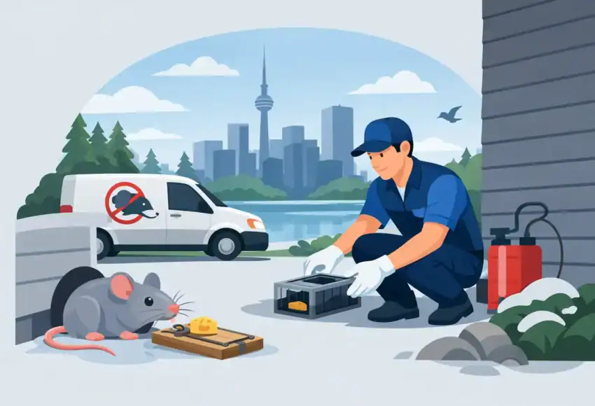 Professional mouse removal technician setting trap outdoors in Ontario.
