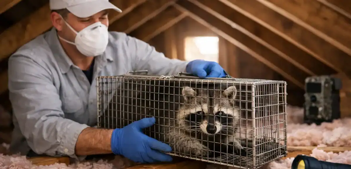 Professional raccoon removal in attic with trap and technician.