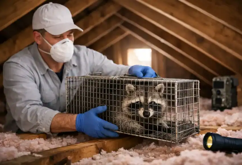 Professional raccoon removal in attic with trap and technician.