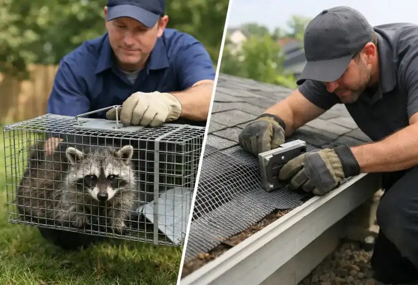 Pest control technician trapping raccoon and installing exclusion mesh.