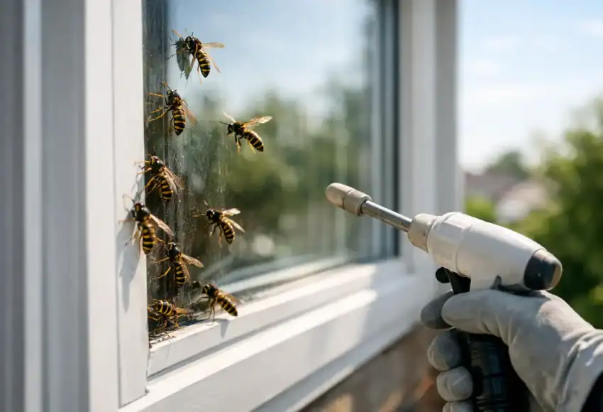 Technician using spray to eliminate wasps on window frame.