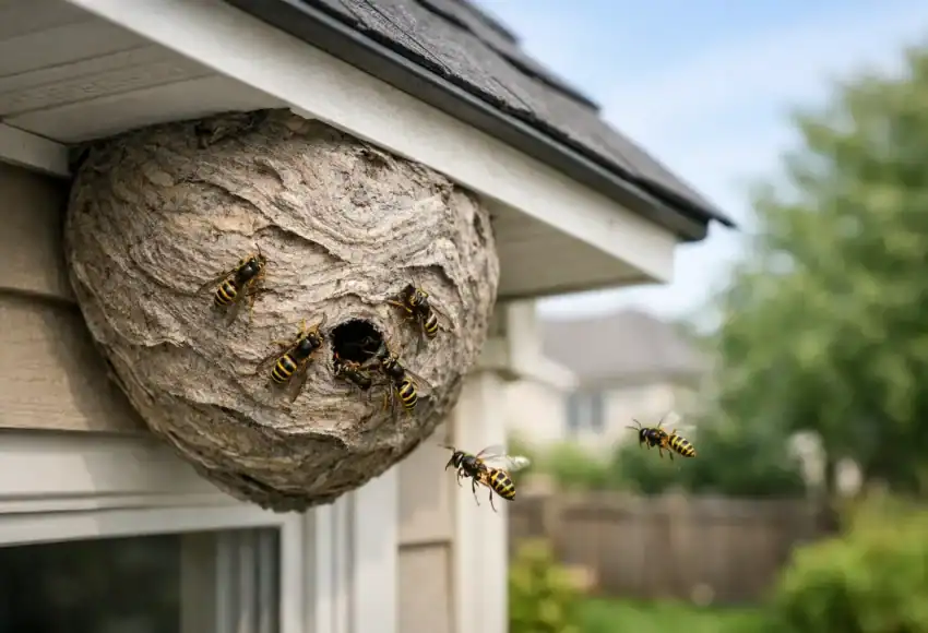 Wasps constructing a nest under a house eave in Ontario.