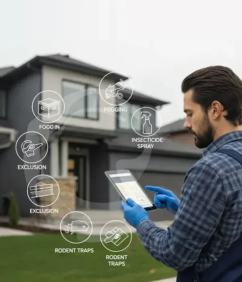 Technician reviewing pest control options at a home