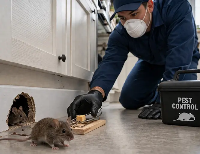 Technician setting a mouse trap beside a kitchen cabinet