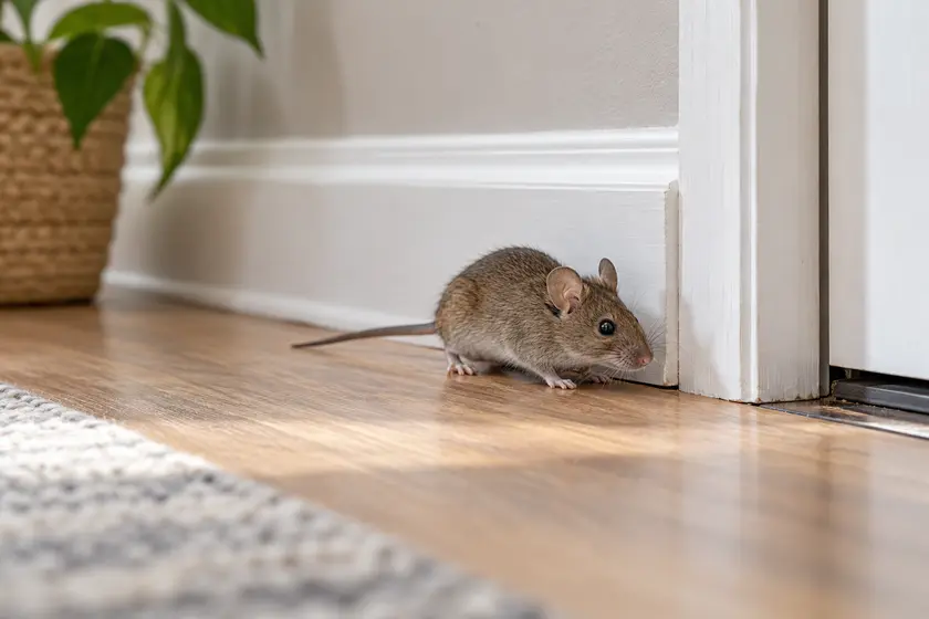 House mouse beside a baseboard and doorway