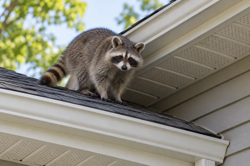 Raccoon near a residential roof soffit