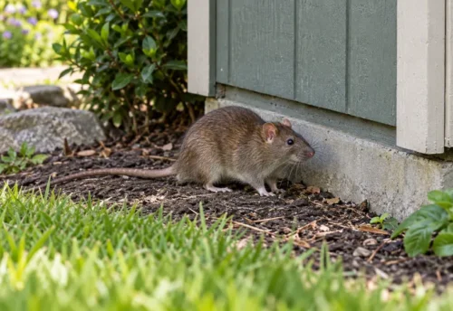 Brown rat beside a garden shed foundation