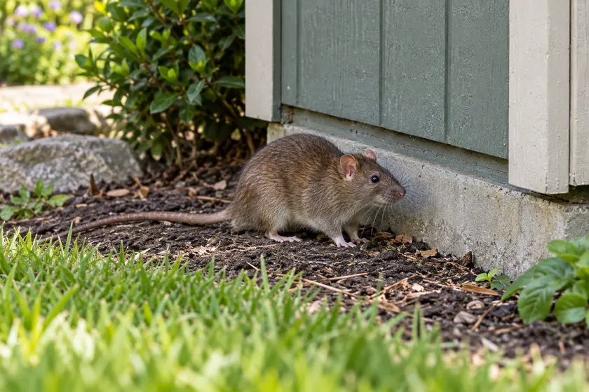 Brown rat beside a garden shed foundation
